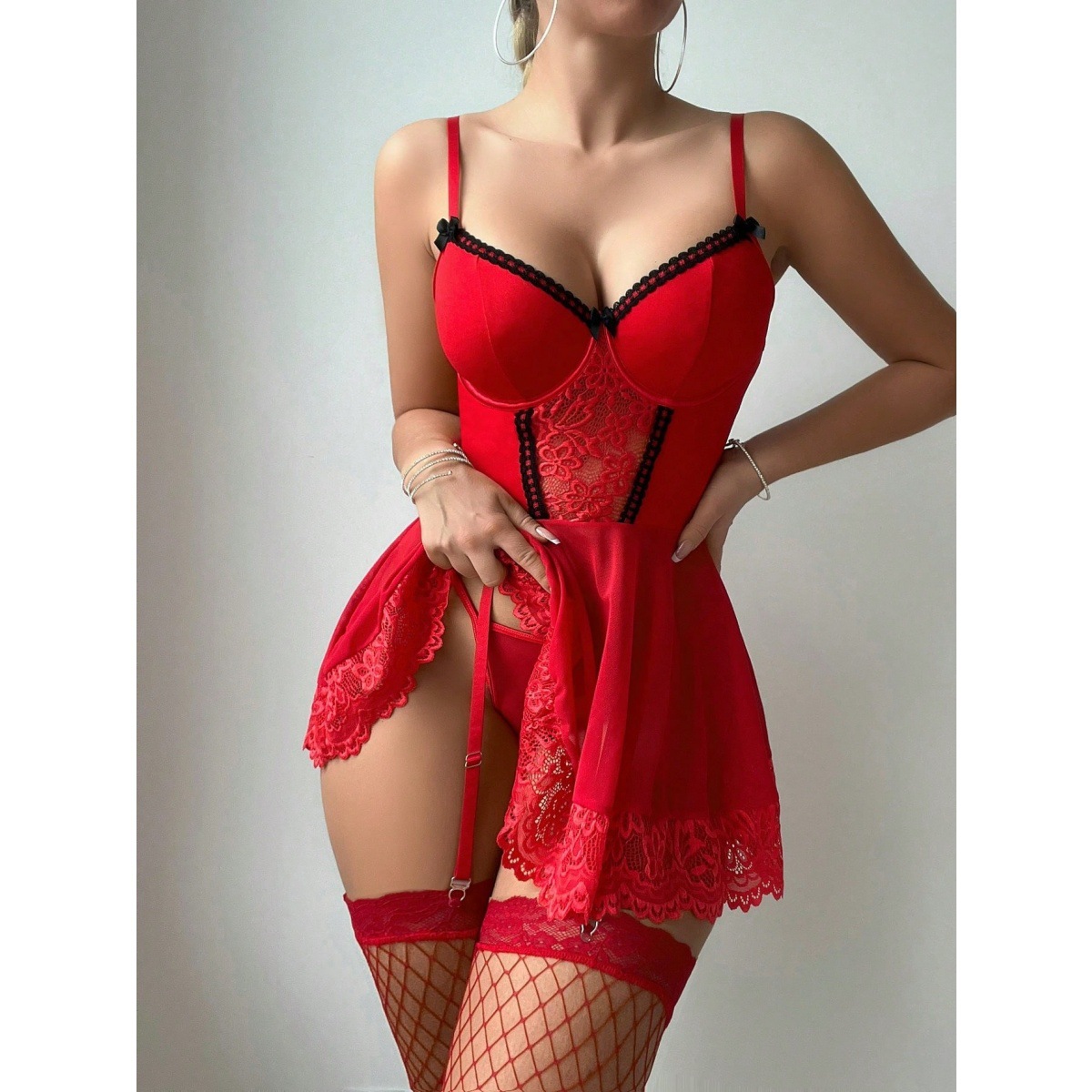 Czerwona sukienka buduarowa z gorsetem Scarlet Seduction – Lace Trim 64865fcecc8f051f94eabb95f736c410
